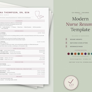 May include: A pile of white paper resumes with a contemporary design, featuring a stethoscope graphic. The resumes include sections for experience, certifications, and education. The text "Modern Nurse Resume Template" is displayed on the right.