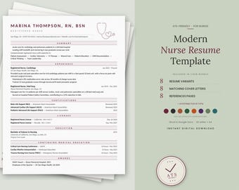May include: A stack of white paper resumes with a modern design, featuring a stethoscope graphic. The resumes include sections for experience, certifications, and education. The text "Modern Nurse Resume Template" is displayed on the right.