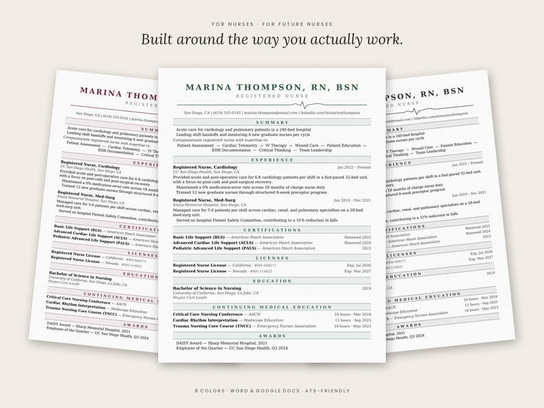 May include: Three resume templates for nurses, featuring the name "Marina Thompson, RN, BSN." The resumes are in shades of grey and white, with sections for summary, experience, certifications, licenses, education, and continuing medical education. The text "Built around the way you actually work" is at the top.