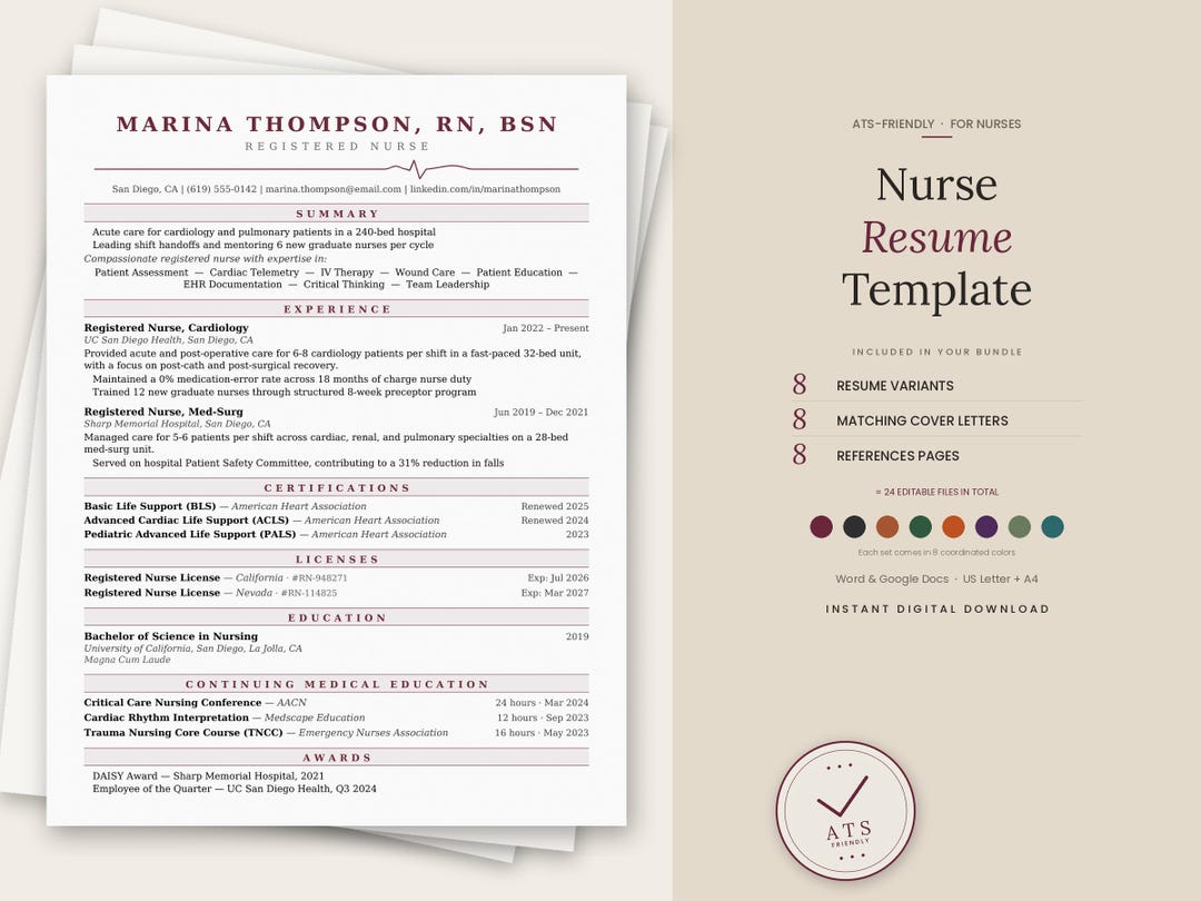 Nurse Resume Template Word Google Docs, Nursing CV, ATS Friendly ...