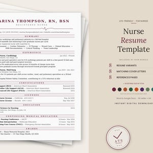 Op de afbeelding: Een verpleegkundig cv-sjabloon met een strak, professioneel ontwerp. Het cv bevat secties voor ervaring, certificeringen en licenties. De sjabloon bevat ook een kleurenpalet en de tekst "Nurse Resume Template".