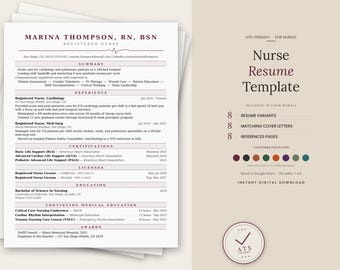 May include: A nurse resume template with a clean, professional design. The resume includes sections for experience, certifications, and licenses. The template also features a color palette and the text "Nurse Resume Template".
