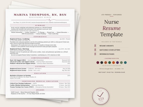 Nurse Resume Template Word Google Docs, Nursing CV, ATS Friendly Healthcare Resume Bundle, Cover Letter & References, 8 Colors Editable