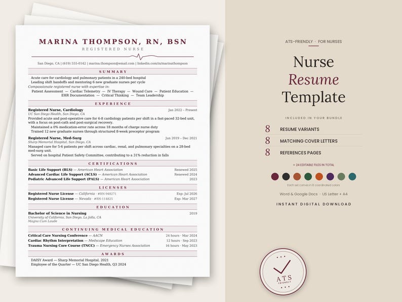 May include: A nurse's resume template with a professional design. The resume includes sections for experience, certifications, and licenses. The template also features a colour palette and the text "Nurse Resume Template".