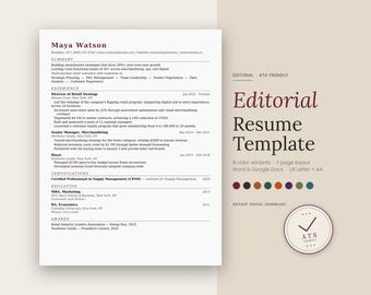 May include: A resume template with the title "Editorial Resume Template" in a burgundy font. The resume is white with black text, and the name "Maya Watson" is at the top. The template includes a summary, experience, certifications, education, and awards.