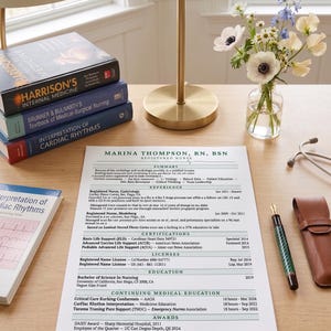 May include: A desk arrangement featuring medical textbooks, a resume, a pen, and a small vase of flowers. The books include "Harrison's Internal Medicine" and "Interpretation of Cardiac Rhythms." A gold desk lamp and a stethoscope are also present.