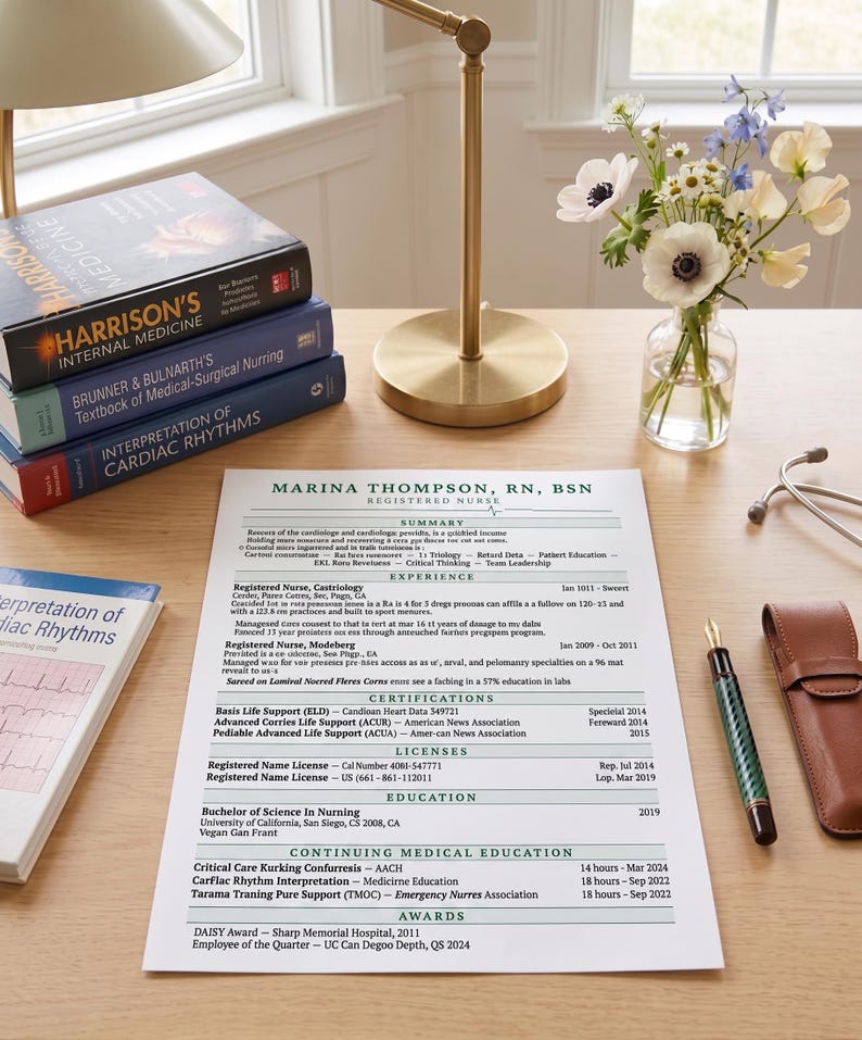 May include: A desk arrangement featuring medical textbooks, a resume, a pen, and a small vase of flowers. The books include "Harrison's Internal Medicine" and "Interpretation of Cardiac Rhythms." A gold desk lamp and a stethoscope are also present.