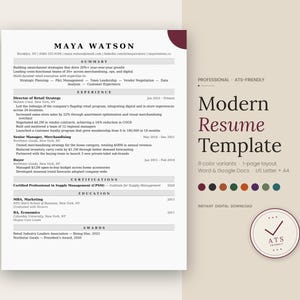 May include: A contemporary resume template with a minimalist design. The document has a white background with black text and a burgundy accent. The text includes the words "Modern Resume Template" and "Instant Digital Download."