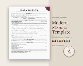 May include: A modern resume template with a clean, minimalist design. The document features a white background with black text and a burgundy accent. The text includes the words "Modern Resume Template" and "Instant Digital Download."