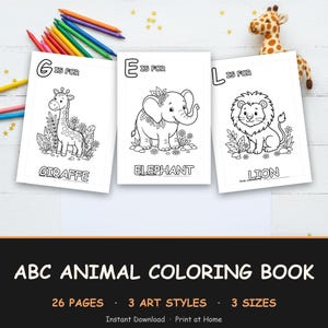 May include: An ABC animal coloring book with three pages visible, showcasing a giraffe, elephant, and lion. The book's title is "ABC ANIMAL COLORING BOOK", with details about the number of pages, art styles, and sizes. Colouring pencils are visible.
