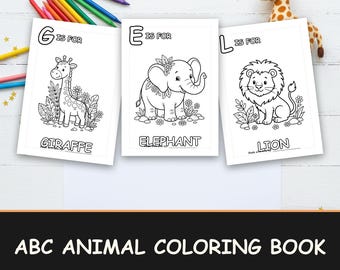 May include: A children's ABC animal coloring book with three pages visible, featuring a giraffe, elephant, and lion. The book includes the text "ABC ANIMAL COLORING BOOK" and details about the number of pages, art styles, and sizes.