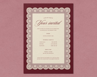 Editable Burgundy Lace Invitation Template | Vintage Wedding Bridal Shower Invite (Canva)