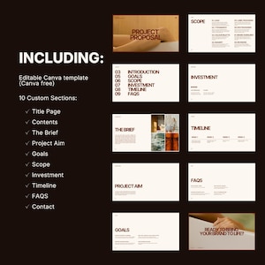 May include: A digital presentation template in brown and cream. The slides cover project proposal, goals, scope, investment, and timeline. Text includes "Including: Editable Canva template (Canva free)".