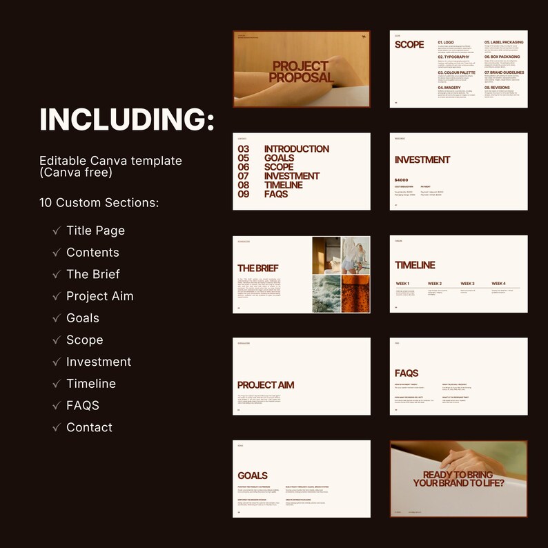 May include: A digital presentation template in brown and cream. The slides cover project proposal, goals, scope, investment, and timeline. Text includes "Including: Editable Canva template (Canva free)".