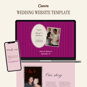 May include: A digital wedding website template displayed on a laptop and smartphone screen. The design features a magenta striped background, an oval frame with the text David & Rebecca, a photograph of a couple, and an RSVP form on the mobile device.