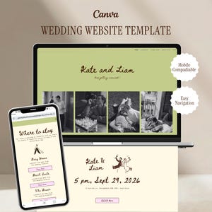 May include: A Canva wedding website template displayed on a laptop and smartphone screen. The design features a light green and cream color palette with dark brown text reading Kate and Liam, Where to stay, and 5 pm, Sept 29, 2026. Includes black and white photos.