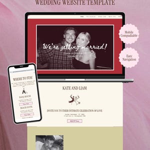 Puede incluir: Una plantilla de sitio web de bodas de Canva mostrada en una computadora portátil y un teléfono inteligente. El diseño presenta un encabezado rojo, una foto en blanco y negro con el texto We're getting married!, y secciones para Kate and Liam.