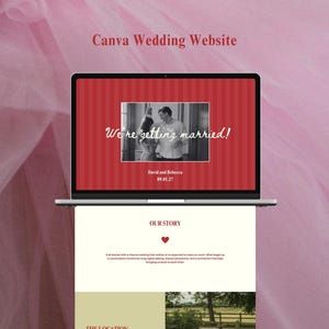 May include: A laptop displaying a wedding website design. The screen shows a red background with white stripes, a black and white photo of a couple, and the text "We're getting married!" and "David and Rebecca 09.01.27".