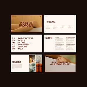 May include: A set of presentation slides with a minimalist design. The slides feature headings such as "Project Proposal," "Timeline," and "Scope." The colour palette is primarily cream and brown, with text in a bold, sans-serif font. The overall theme is business and marketing.