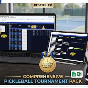 Paquete para torneo de pickleball: formato de todos contra todos y eliminatorias (hojas de cálculo de Google + tarjetas de puntuación imprimibles)