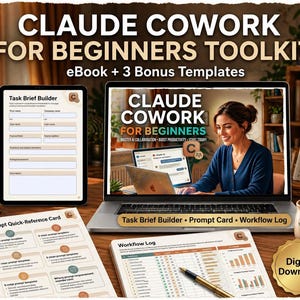 Zestaw narzędzi eBook Claude Cowork dla początkujących | eBook + Szablony podpowiedzi + Kreator zadań + Dziennik przepływu pracy
