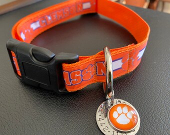Clemson University dog collar buckle or martingale with leash set option