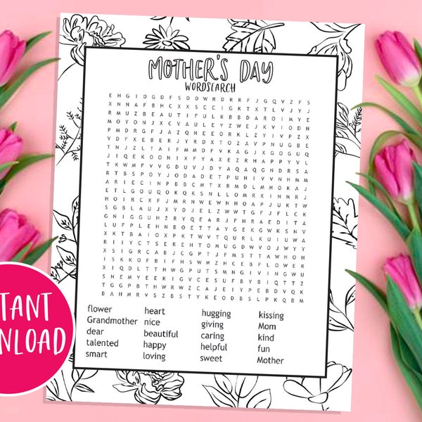 Mother's Day Word Search, Mothers Day Gift, Mom Printable, Mothers Day Printable, Mothers Day game, Word Search Printable