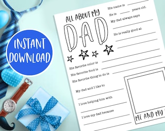 All About Dad, Fathers Day Gift, All About My Dad Printable, Fathers Day Printable, Fathers Day Questionnaire Preschool