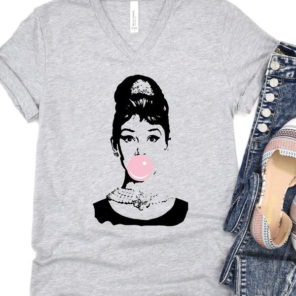 Audrey Hepburn Bubblegum V-Neck Shirt, Breakfast at Tiffany's t-shirt, Unisex tee, fashion icon shirt