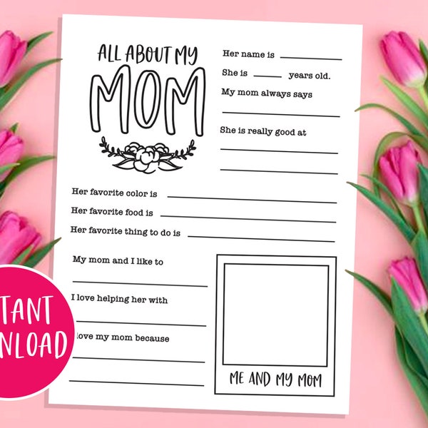 All About Mom, Mothers Day Gift, All About My Mom Printable, Mothers Day Printable, Mothers Day Questionnaire Preschool