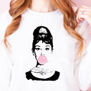 Audrey Hepburn Bubblegum Sweatshirt, Breakfast at Tiffany's, Unisex fit sweatshirt, fashion icon sweatshirt