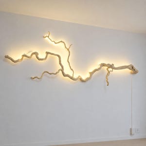 May include: A wall-mounted light fixture crafted from a natural, light-coloured driftwood branch. The organic, winding shape of the wood is illuminated from behind by a warm, glowing light source, creating a soft silhouette against the wall.