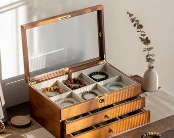 3-laags houten opberger voor sieradendoos met glazen deksel, opbergkoffer voor sieraden met lades, opberger ring ketting oorbellen