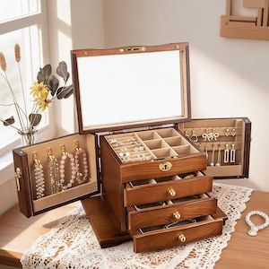 May include: A dark wood jewelry box with a hinged lid featuring an interior mirror, two side panels with gold hooks for necklaces, and three pull-out drawers. The interior is lined with beige fabric, including ring slots and small storage compartments.
