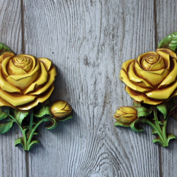 Vintage 1970s, Homco Rose Plaques, Wall Hangings, Yellow and Green, Set of Two, Made in USA