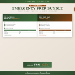 Könnte beinhalten: Ein druckbares "Emergency Prep Bundle" mit einem 90-Tage-Lebensmittelspeicher-Tracker und einer Checkliste für die Notfalltasche. Das Bundle bietet eine Ersparnis von 2,03 $. Der Text "PREPSMART PRINTABLES" steht oben.