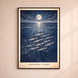 Illustration de la soirée scolaire aux anchois, affiche côtière de l'océan indigo (téléchargement numérique)