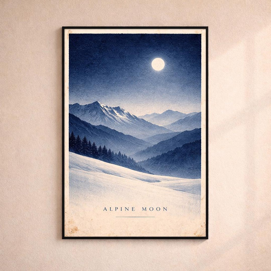Mountain Landscape Print: Snowy Alpine Moon, Minimalist Scandinavian ...