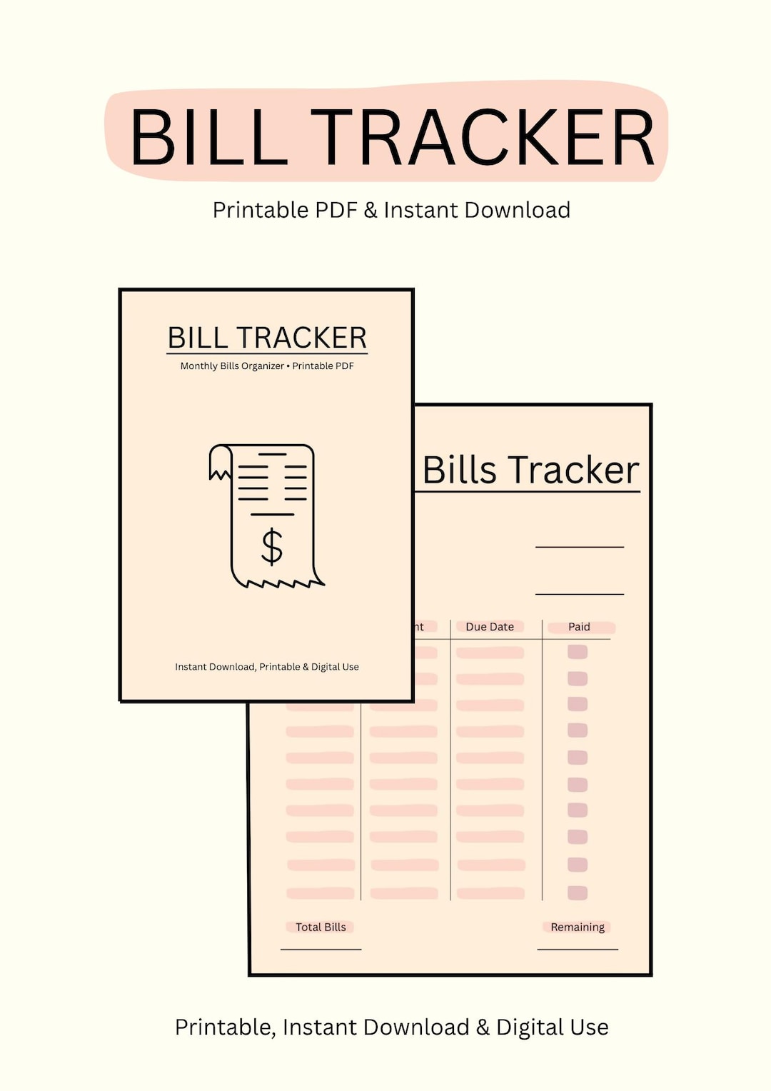 Bill Tracker Printable PDF | Monthly Bills Organizer | Expense Tracker ...