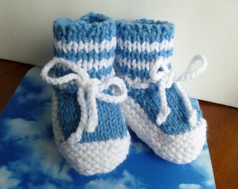 Knitted Baby Booties: Sky Blue & White, 3-6 Months