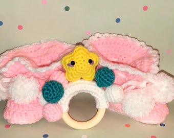 Baby Rattle Set: Crocheted Toy Star with Wooden Ring Baby Booties Girl Boy