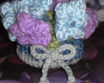 Purple Blue Flower Coaster Bouquet: Crocheted Elegant Home Decor