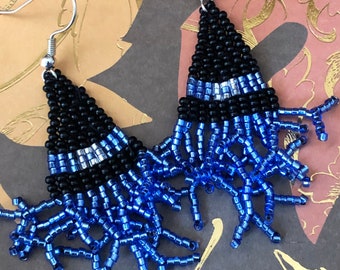 Beaded Hat Shaped Fringe Earrings: Czech Glass, Black, Blue, Silver