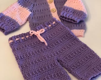 Crochet Baby Cardigan with a Hoodie and Ears Set – Newborn to 3 Months