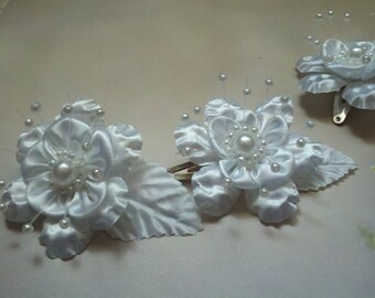 Bridal Head piece 3 Piece Set Hair Clips White Silk Flowers Round Pearls Ready to Ship