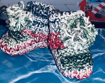 Handmade Knitted Baby Booties: Red, White, and Green, Newborn Gift