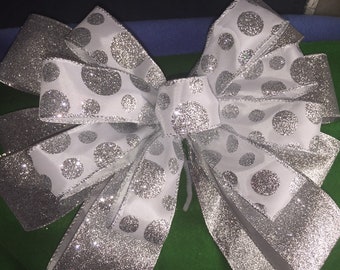 Christmas Tree Topper Bow Jumbo Silver White Dots New Year Wall Décor