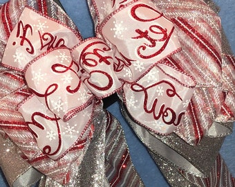 Christmas Tree Topper Bow: Let it Snow Red, Silver, White