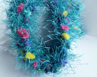 Aqua Blue Fur Scarf Cowl: Knit Pom Pom Shawl