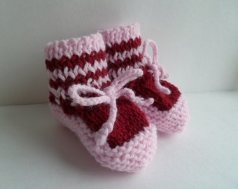 Knitted Baby Booties: Pastel Pink Red Burgundy Soft Wool Blend, 3-6 Months